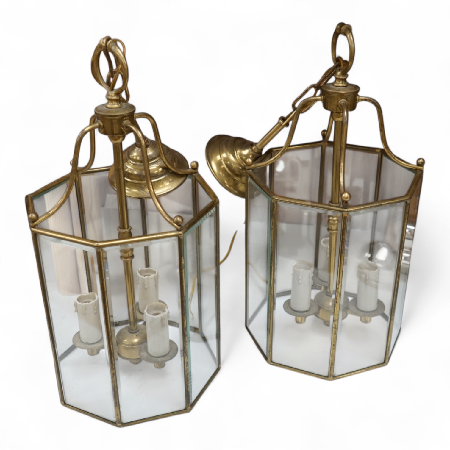 A pair of French octagonal glass and brass lanterns, 40cm